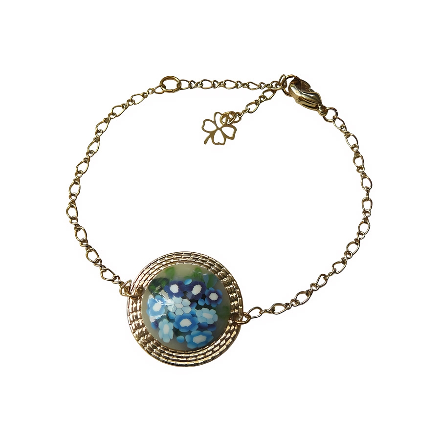 Bracelet fin floral, en laiton doré, bijoux fleurs bleues, bijoux floraux, nature, fait main, Joanna Calla