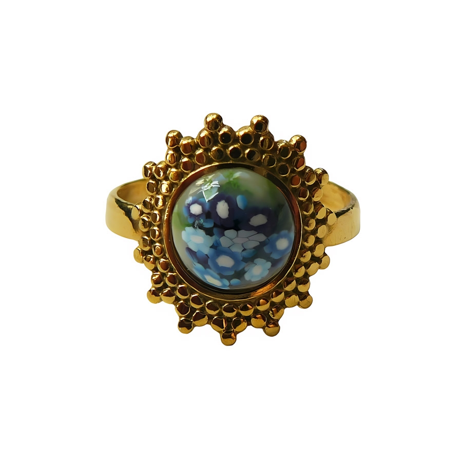 Bohemian ring, in gold-plated stainless steel, blue flowers, floral jewelry, handmade, unique piece, Joanna Calla