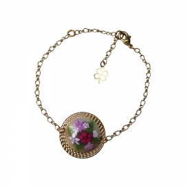 Bohemian floral bracelet in golden brass, pink flowers in polymer clay, handmade, Joanna Calla