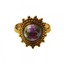 Bohemian ring, in gold-plated stainless steel, pink flowers, floral jewelry, handmade, unique piece, Joanna Calla