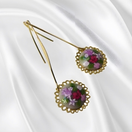 Floral pendant earrings, in golden brass, pink flower jewelry, floral jewelry, nature, handmade, Joanna Calla