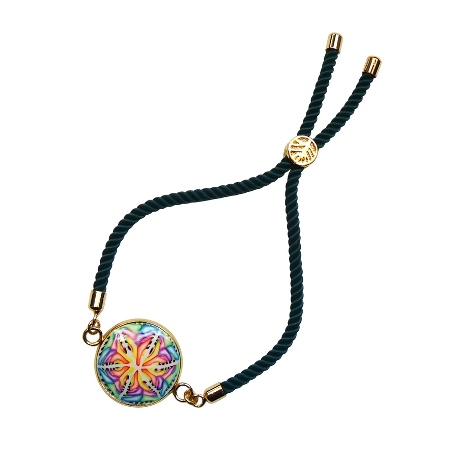 Bracelet graphique mandala vert orange jaune, sur cordon réglable vert, bijoux floraux, nature, fait main, Joanna Calla