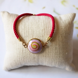 Bohemian adjustable bracelet for women, on pink nylon cord, purple spiral, handmade, unique piece, Joanna Calla