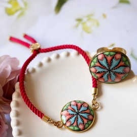 Bague bohème ronde mandala bleu vert rose, réglable, bijoux floraux, fleurs, nature, Joanna Calla