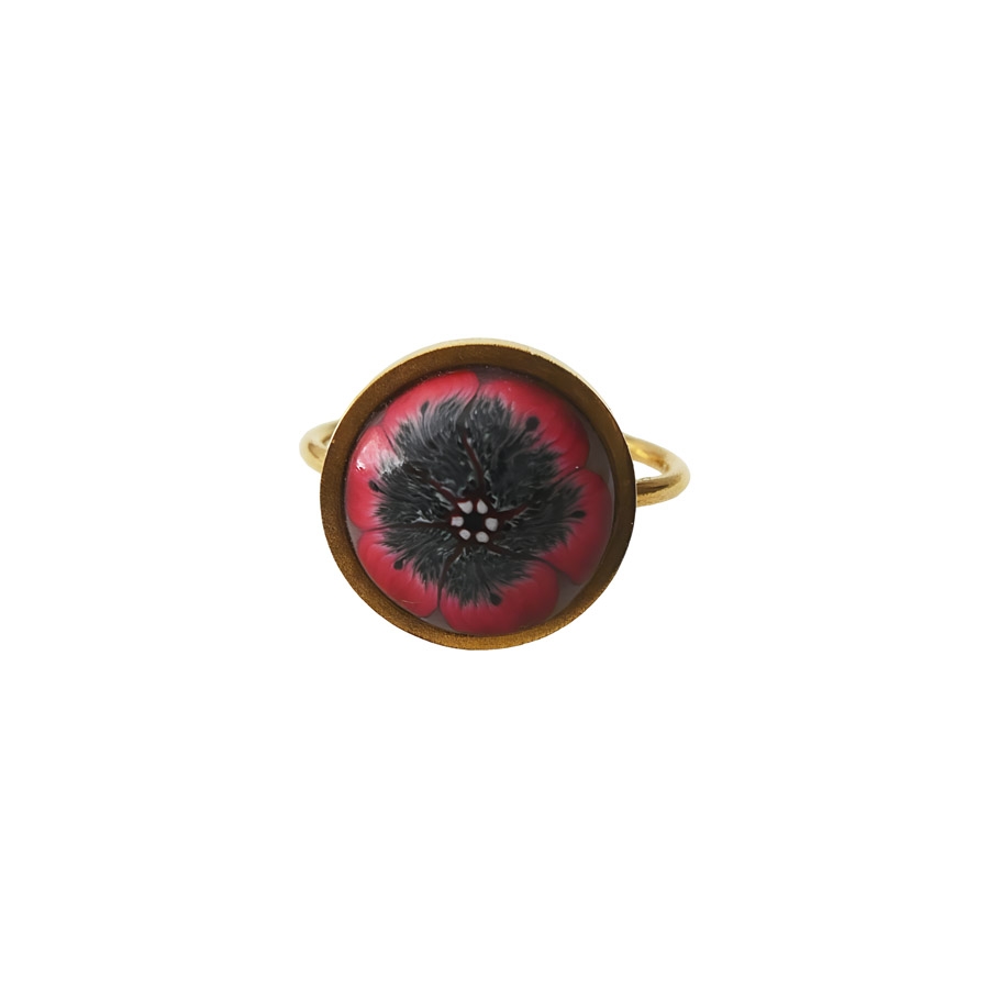 Bague florale bohème réglable en acier inoxydable or, bijoux fleur rouge noir, bijoux floraux, Joanna Calla