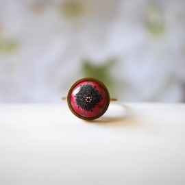Bohemian floral ring, in golden stainless steel, red black flower, handmade, unique piece, Joanna Calla