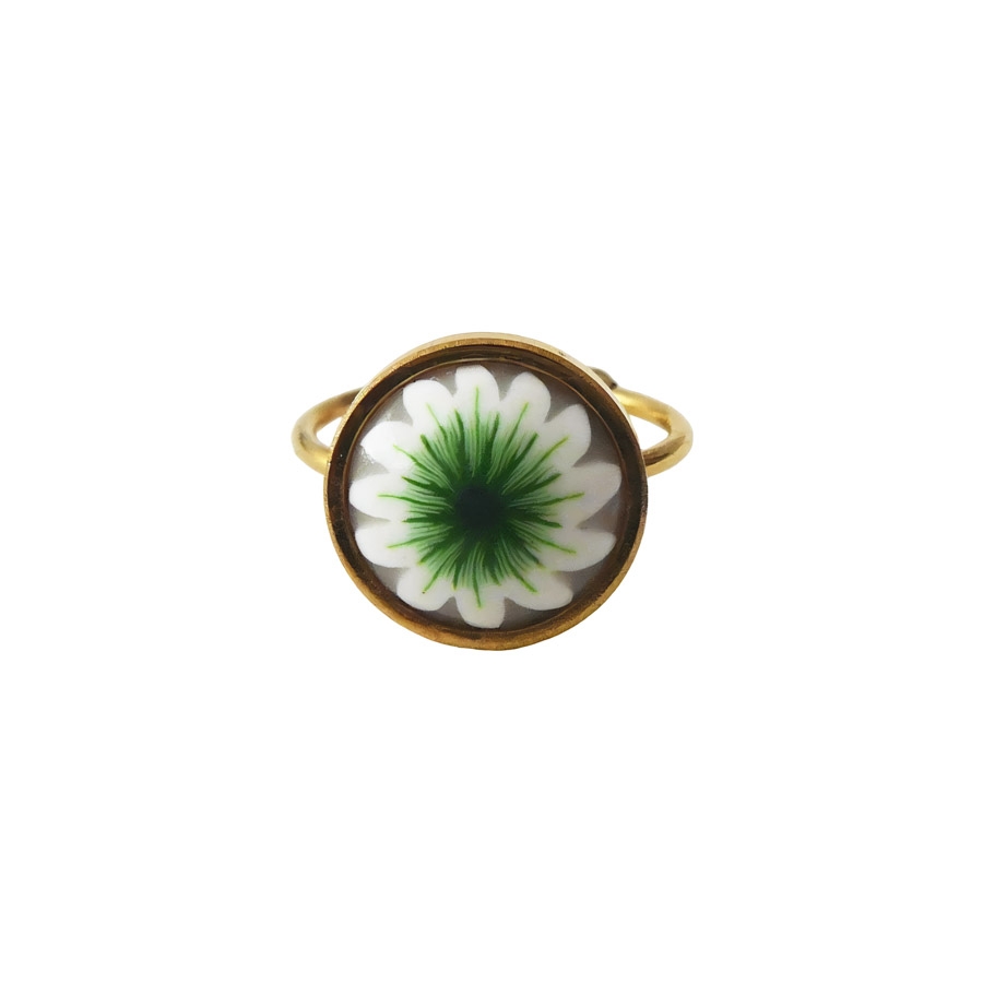 Bague florale bohème réglable en acier inoxydable or, bijoux fleur blanc vert, bijoux floraux, Joanna Calla