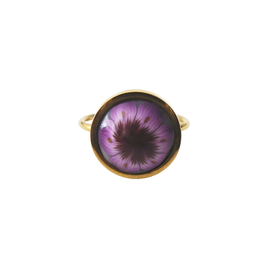 Bohemian floral ring, in golden stainless steel, purple flower, handmade, unique piece, Joanna Calla