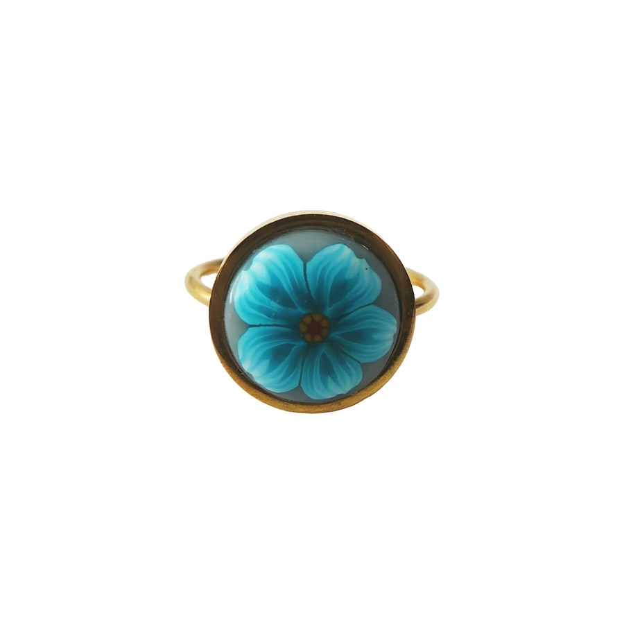 Bohemian floral ring, in golden stainless steel, turquoise flower, handmade, unique piece, Joanna Calla