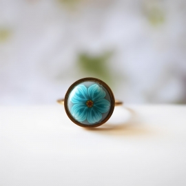 Bohemian floral ring, in golden stainless steel, turquoise flower, handmade, unique piece, Joanna Calla