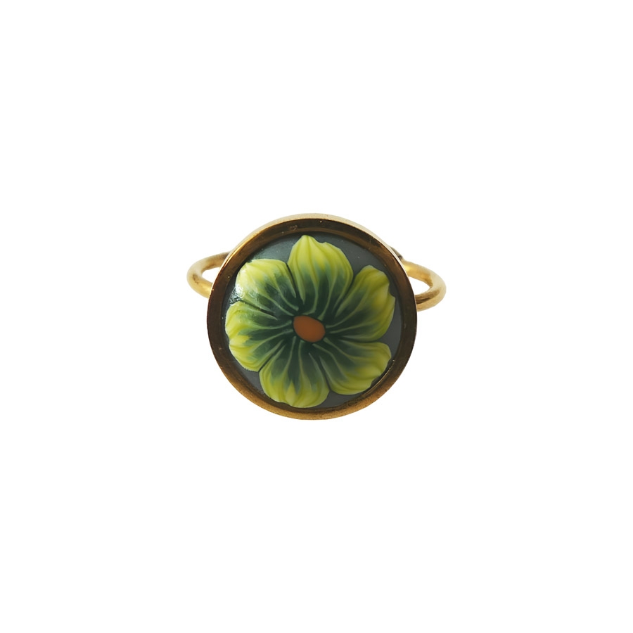 Bohemian floral ring, in golden stainless steel, green flower, handmade, unique piece, Joanna Calla