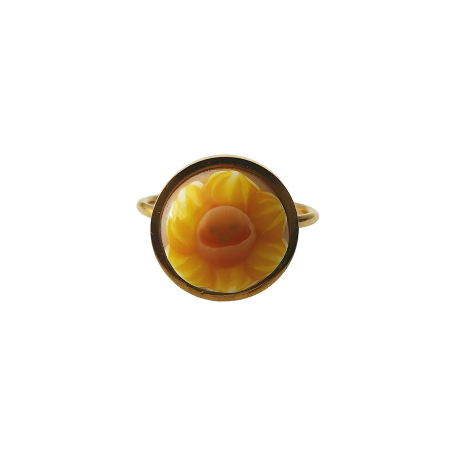 Bohemian floral ring, in golden stainless steel, yellow daffodil, handmade, unique piece, Joanna Calla