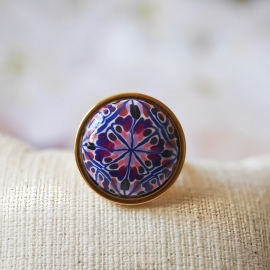Bohemian ring, in golden stainless steel, purple mandala, floral jewelry, handmade, unique piece, Joanna Calla