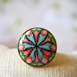 Bague bohème ronde mandala bleu vert rose, réglable, bijoux floraux, fleurs, nature, Joanna Calla