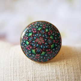 Bohemian round ring, green pink mandala, unique piece, handmade, Joanna Calla
