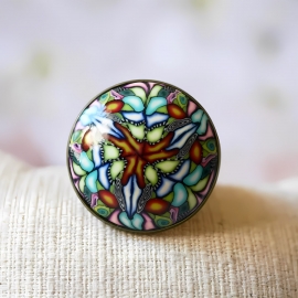 Bague bohème ronde mandala bleu vert, réglable, bijoux floraux, fleurs, nature, Joanna Calla