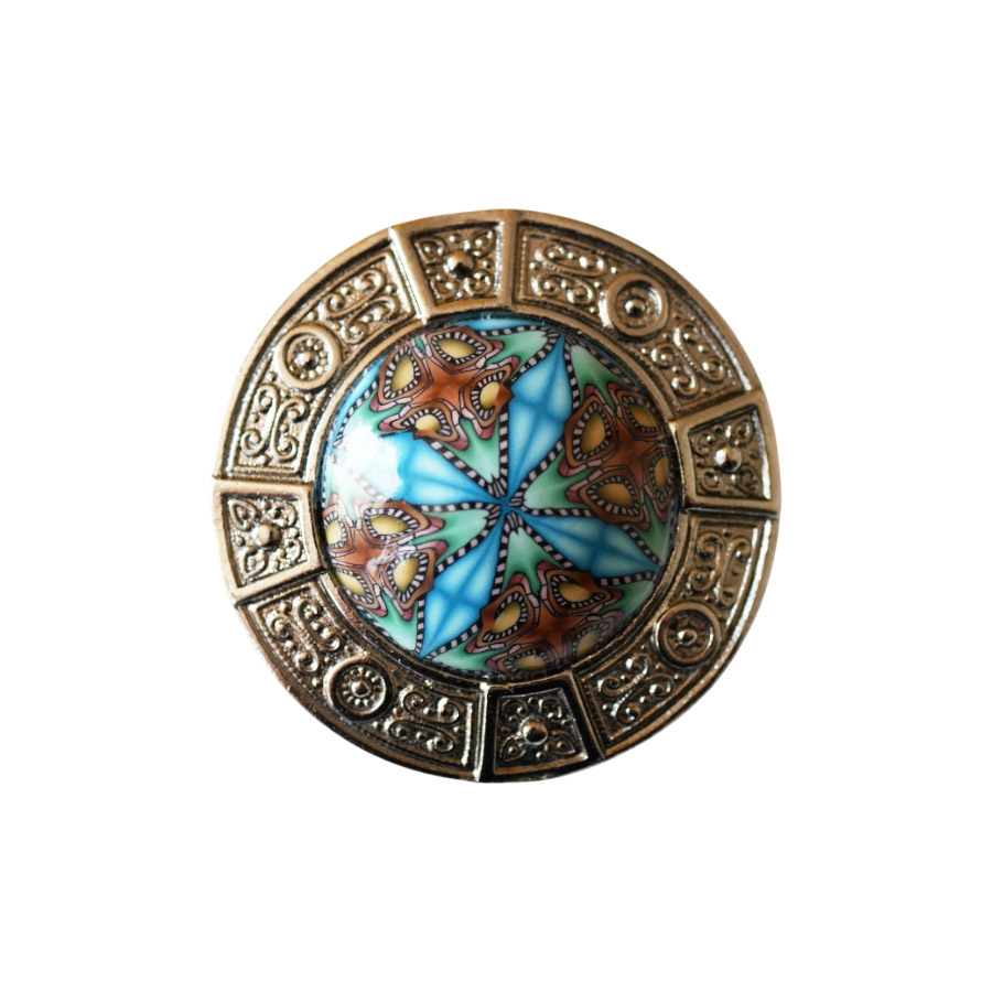 Broche ronde rétro, argentée, bijoux floraux, mandala bleu marron, fait main, Joanna Calla