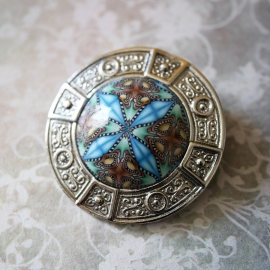 Broche ronde rétro, argentée, bijoux floraux, mandala bleu marron, fait main, Joanna Calla