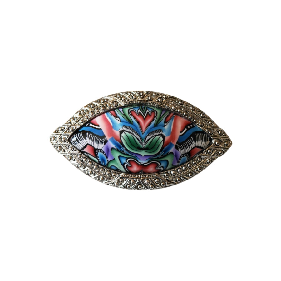 Broche ovale rétro, argentée, bijoux floraux, mandala vert rose, fait main, Joanna Calla