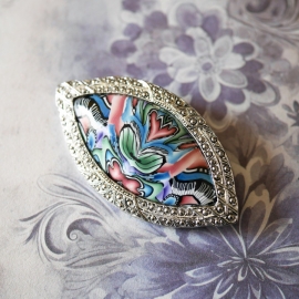 Broche ovale rétro, argentée, bijoux floraux, mandala vert rose, fait main, Joanna Calla