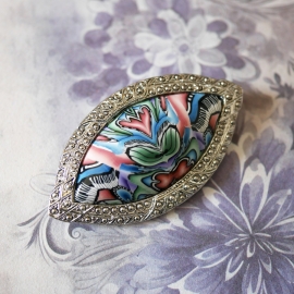 Broche ovale rétro, argentée, bijoux floraux, mandala vert rose, fait main, Joanna Calla