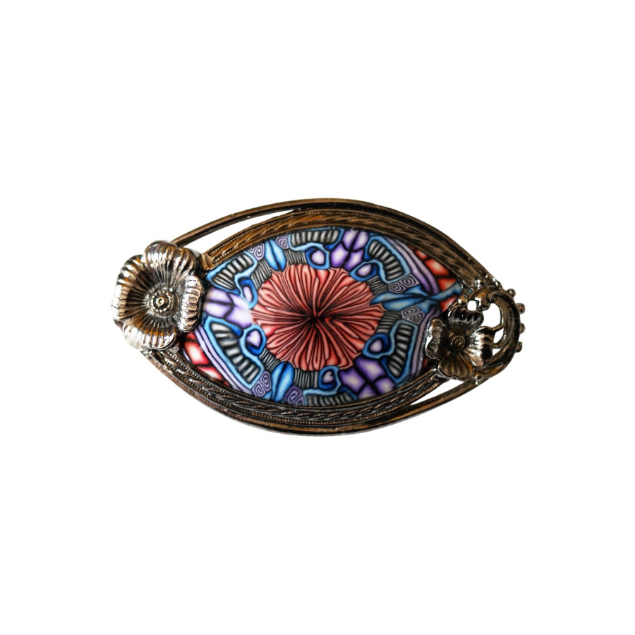 Broche ovale rétro, argentée, bijoux floraux, mandala rose bleu, fait main, Joanna Calla