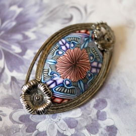 Broche ovale rétro, argentée, bijoux floraux, mandala rose bleu, fait main, Joanna Calla