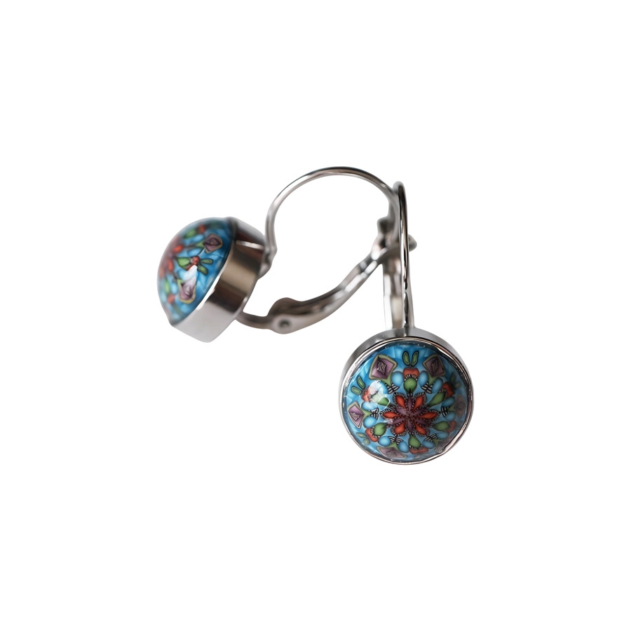 Lever back earrings in silver stainless steel, blue mandala in polymer clay, handmade Joanna Calla
