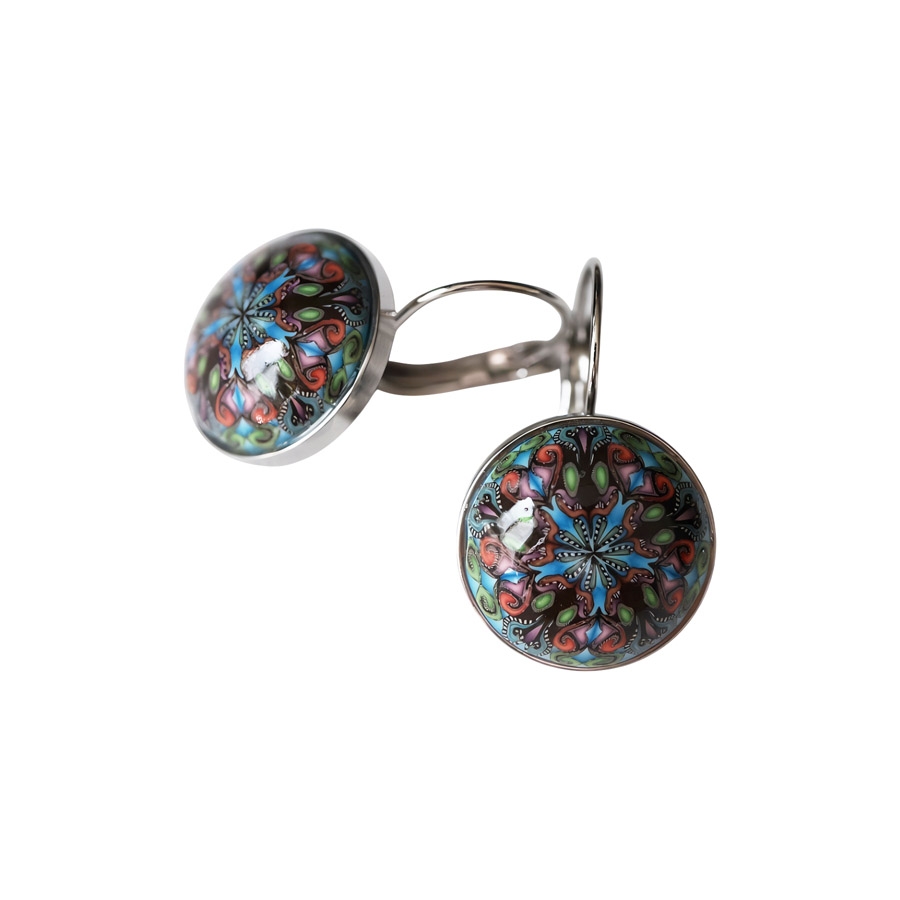 Lever back earrings in silver stainless steel, blue black mandala in polymer clay, handmade Joanna Calla