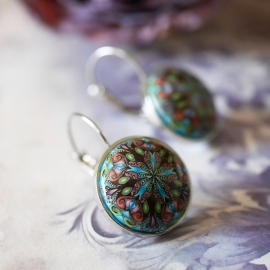 Lever back earrings in silver stainless steel, blue black mandala in polymer clay, handmade Joanna Calla