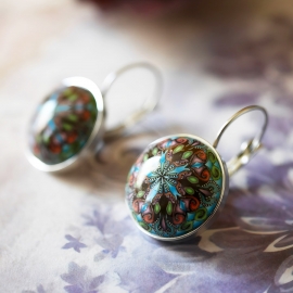 Lever back earrings in silver stainless steel, blue black mandala in polymer clay, handmade Joanna Calla