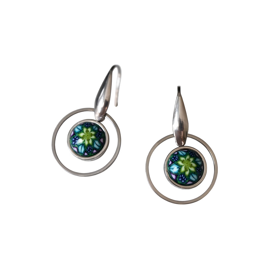 Boucles d'oreilles pendantes rondes, acier inoxydable argent, bijoux graphiques, mandala vert, fait main, Joanna Calla