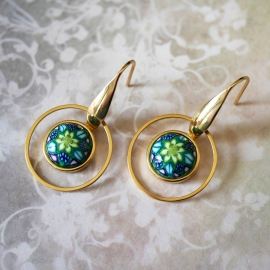 Boucles d'oreilles pendantes rondes, acier inoxydable or, bijoux graphiques, mandala vert, fait main, Joanna Calla