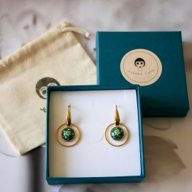 Boucles d'oreilles pendantes rondes, acier inoxydable or, bijoux graphiques, mandala vert, fait main, Joanna Calla