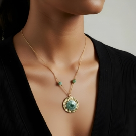 Collier pendentif floral or Dahlia vert