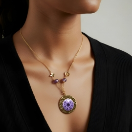 Gold Floral Pendant Necklace Purple Dahlia