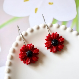 Artisan drop earrings, stainless steel, floral jewelry, red daisy flower, handmade, Joanna Calla