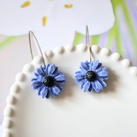Artisan drop earrings, stainless steel, floral jewelry, blue daisy flower, handmade, Joanna Calla