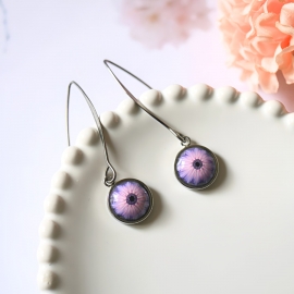 Pendant round earrings in silver stainless steel, purple daisy flower in polymer clay, handmade Joanna Calla