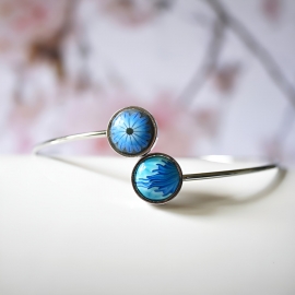 Bracelet jonc bohème, en acier inoxydable argent, bijoux fleurs marguerite bleue, bijoux floraux, fait main, Joanna Calla