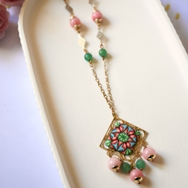 Bohemian necklace Thalie, gold plated brass, green pink mandala in polymer clay, handmade Joanna Calla