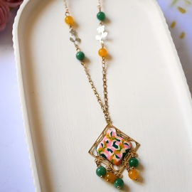 Bohemian necklace Thalie gold plated, green pink yellow mandala in polymer clay, handmade Joanna Calla