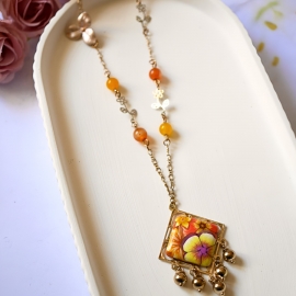 Bohemian necklace in gold plated brass, yellow orange flowers in polymer clay handmade Joanna Calla