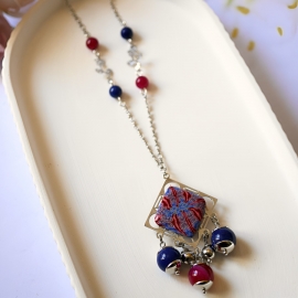 Bohemian silver rhodium necklace, red blue mandala in polymer clay, handmade Joanna Calla