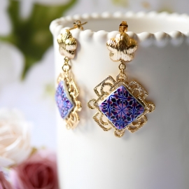 Bohemian earrings Thalie, 24K gold plated dangles, pendants purple mandala in polymer clay, Joanna Calla