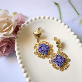 Bohemian earrings Thalie, 24K gold plated dangles, pendants purple mandala in polymer clay, Joanna Calla