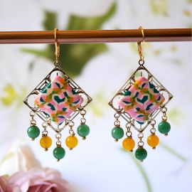 Bohemian gold plated pendant earrings Thalie, green pink mandala in polymer clay, handmade Joanna Calla