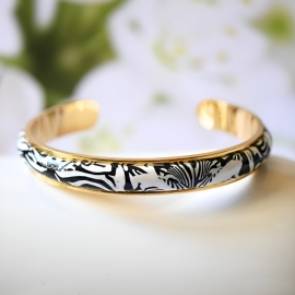 Bracelet jonc réglable, en acier inoxydable, bijoux mandala noir blanc, bijoux floraux, nature, fait main, Joanna Calla