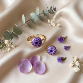 Bague florale, bohème en laiton or 24K, bijoux fleurs dahlia violet, nature, fait main, Joanna Calla