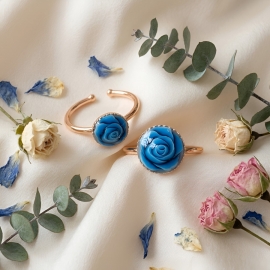 Bague florale, bohème en laiton or 24K, bijoux fleurs rose bleue, nature, fait main, Joanna Calla